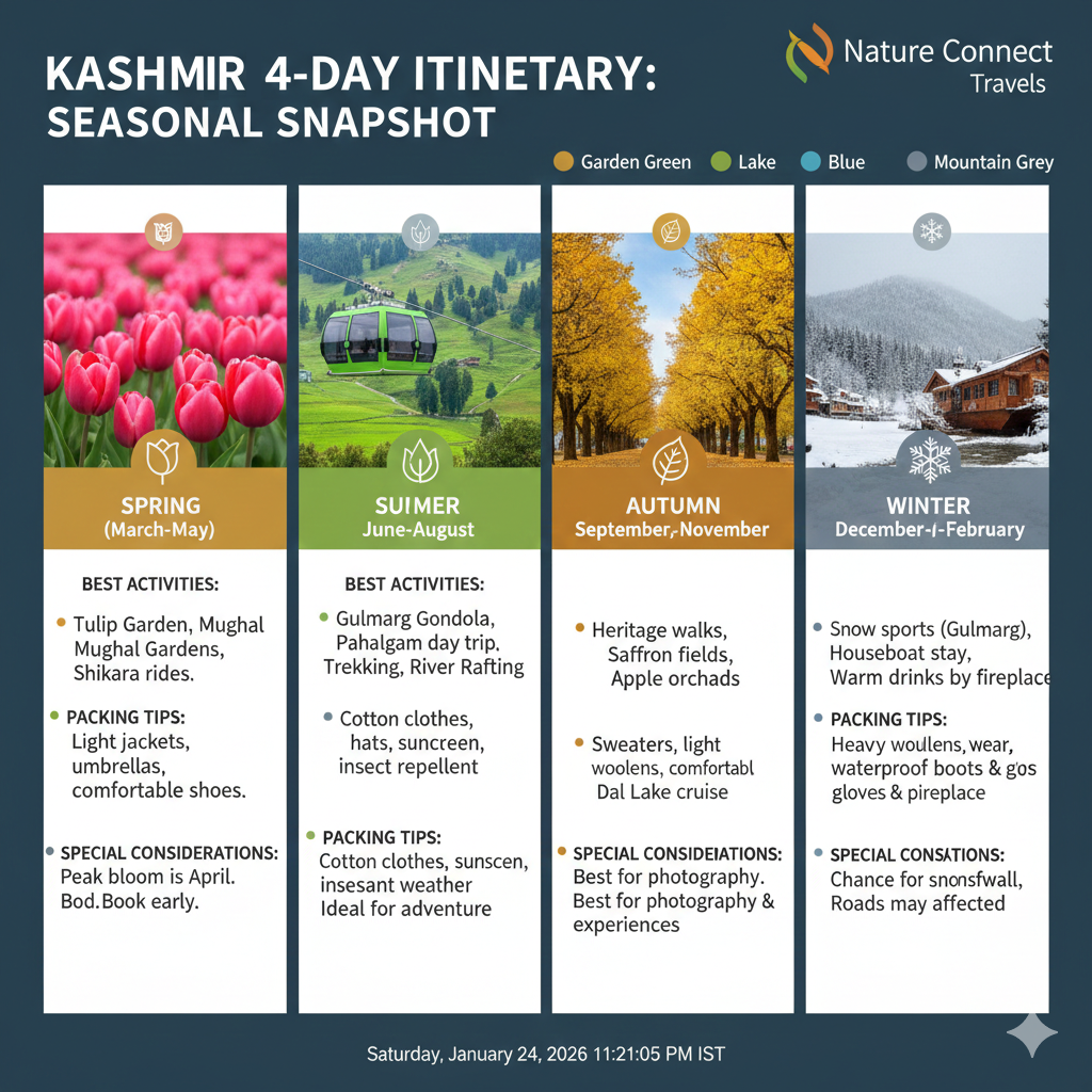Perfect Kashmir 3 Nights 4 Days Itinerary 2026 | Srinagar-Gulmarg Guide 9 Kashmir 3 nights 4 days itinerary seasonal guide showing best activities for each season in Srinagar and Gulmarg