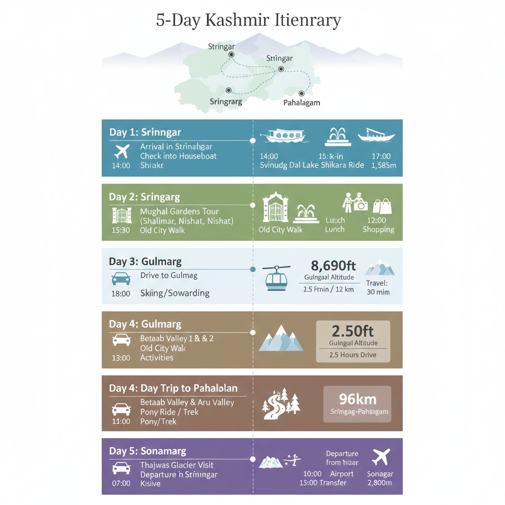 Kashmir 5 days itinerary infographic with daily activities, timings, and travel distances - perfect trip planner