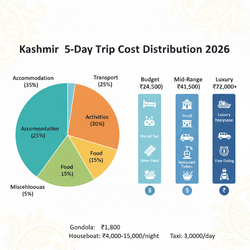 Kashmir 5 days tour package cost breakdown 2026 - budget, mid-range, and luxury travel expenses infographic