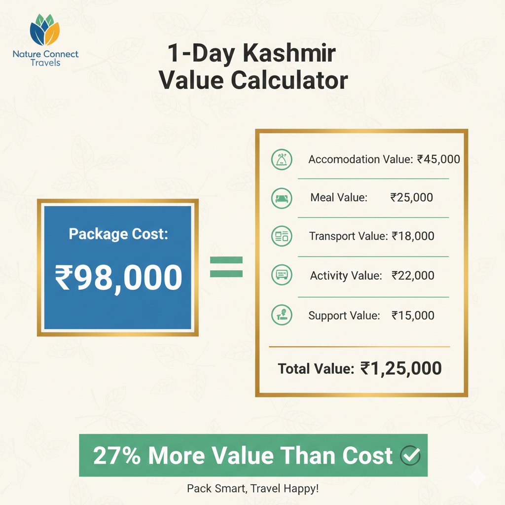 Kashmir 7-day trip value calculator - showing real value exceeds package cost for comprehensive itinerary