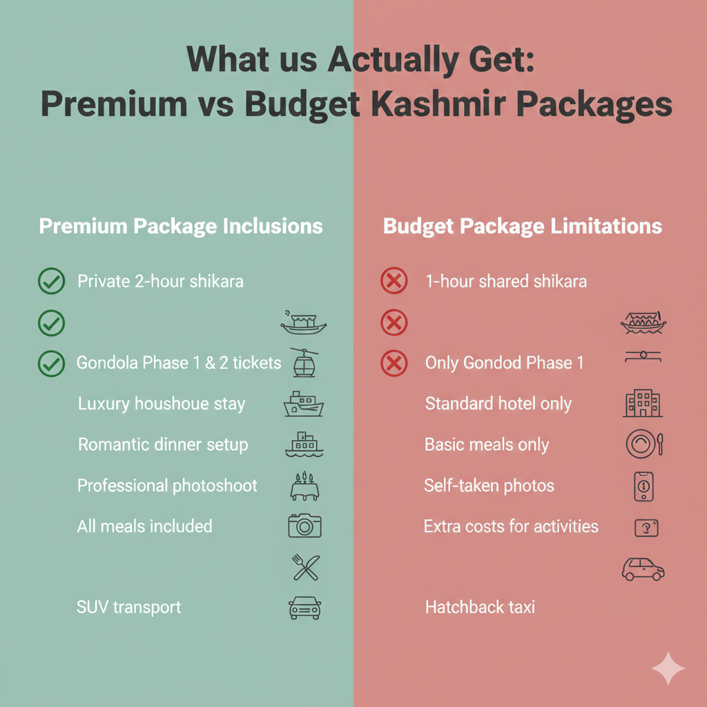 Kashmir couple package comparison - premium vs budget inclusions explained visually