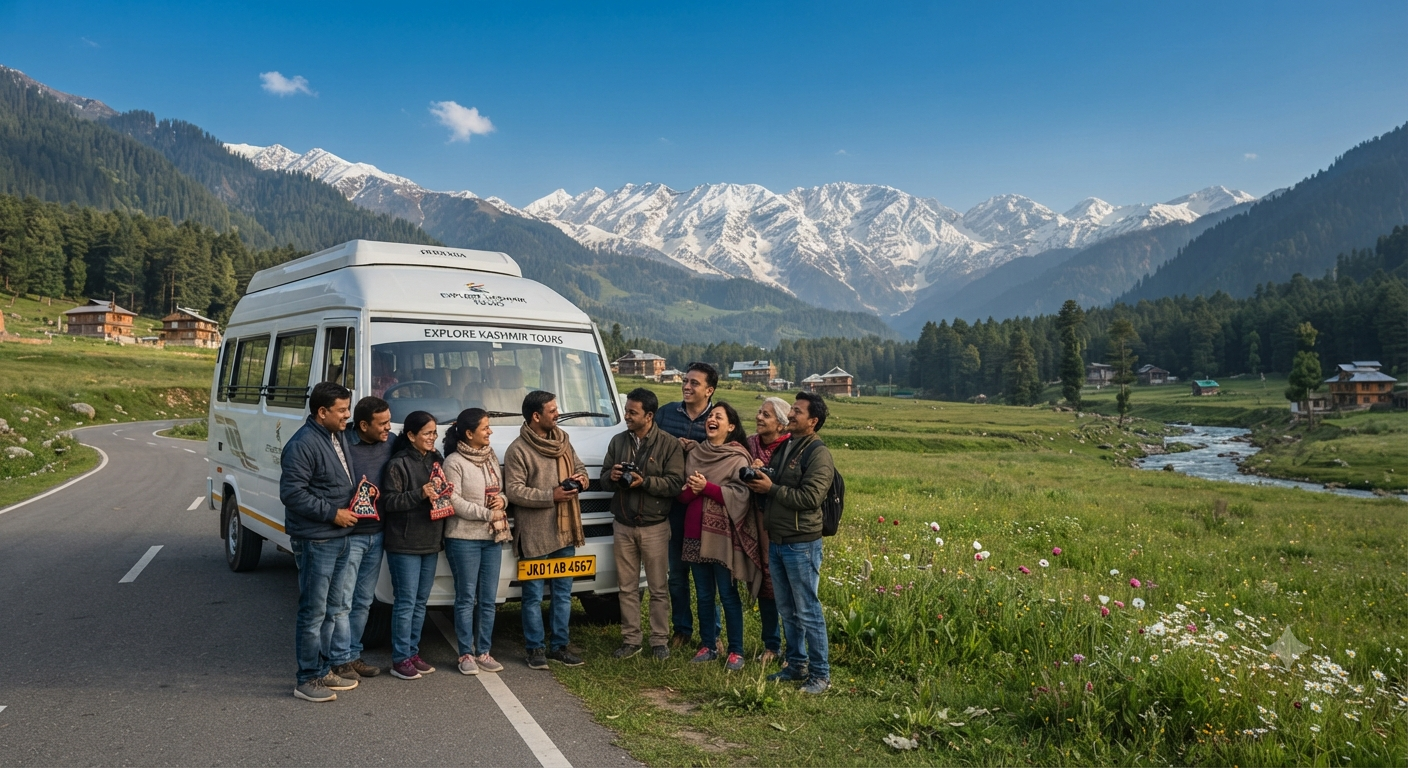 Kashmir group tour package cost - group travelers with Tempo Traveller in valley