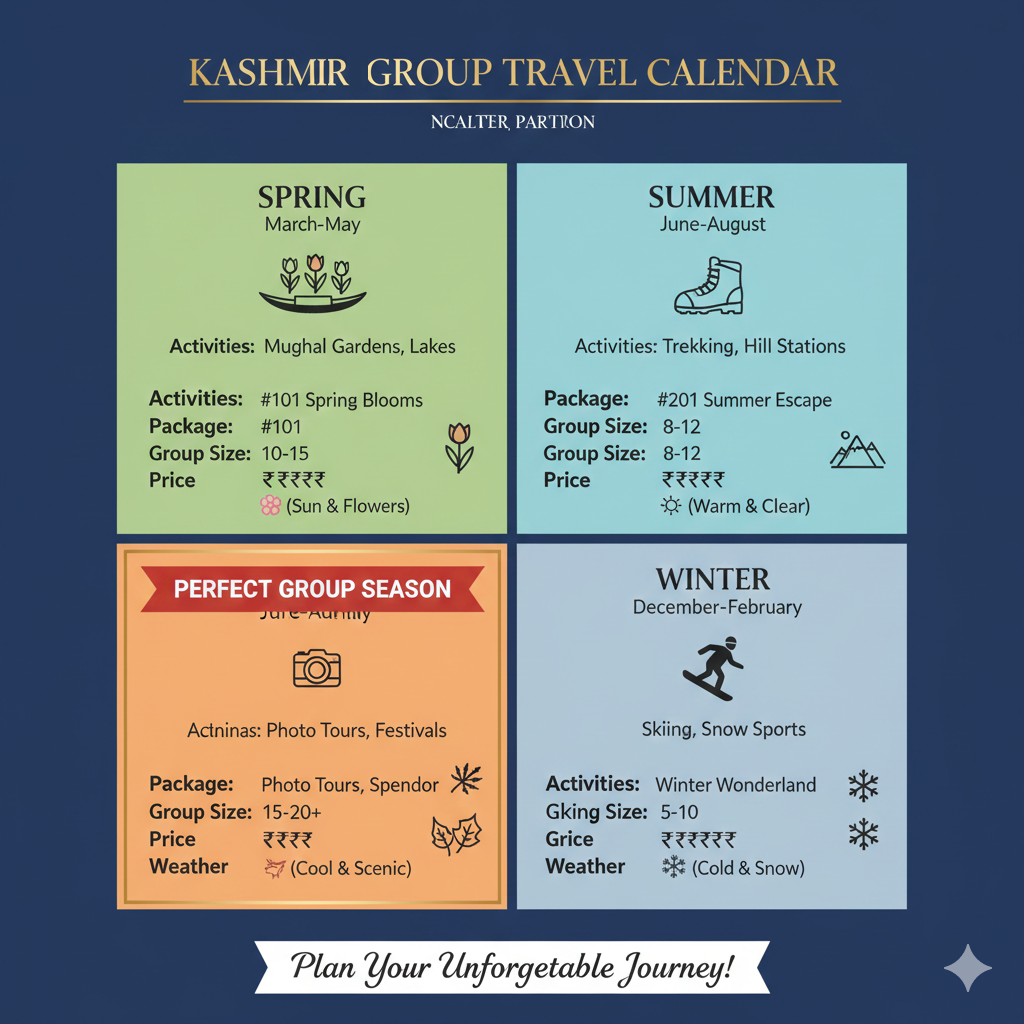 5 Best Kashmir Group Tour Packages 2026 | Save Up to 40% 11 Kashmir group travel seasonal calendar - best times for different types of group tour packages
