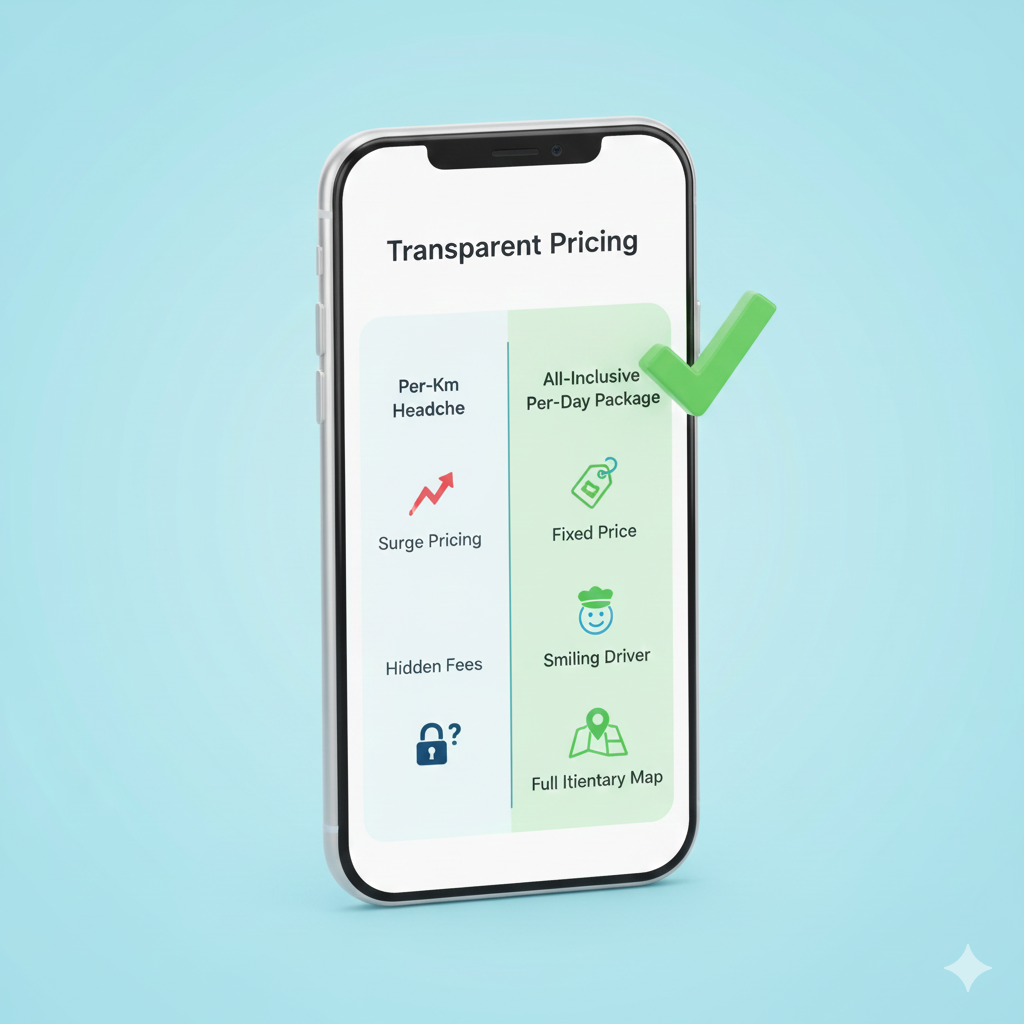 Kashmir taxi price comparison 2024 - why an all-inclusive per-day package from a good online cab service in Kashmir beats per-km apps