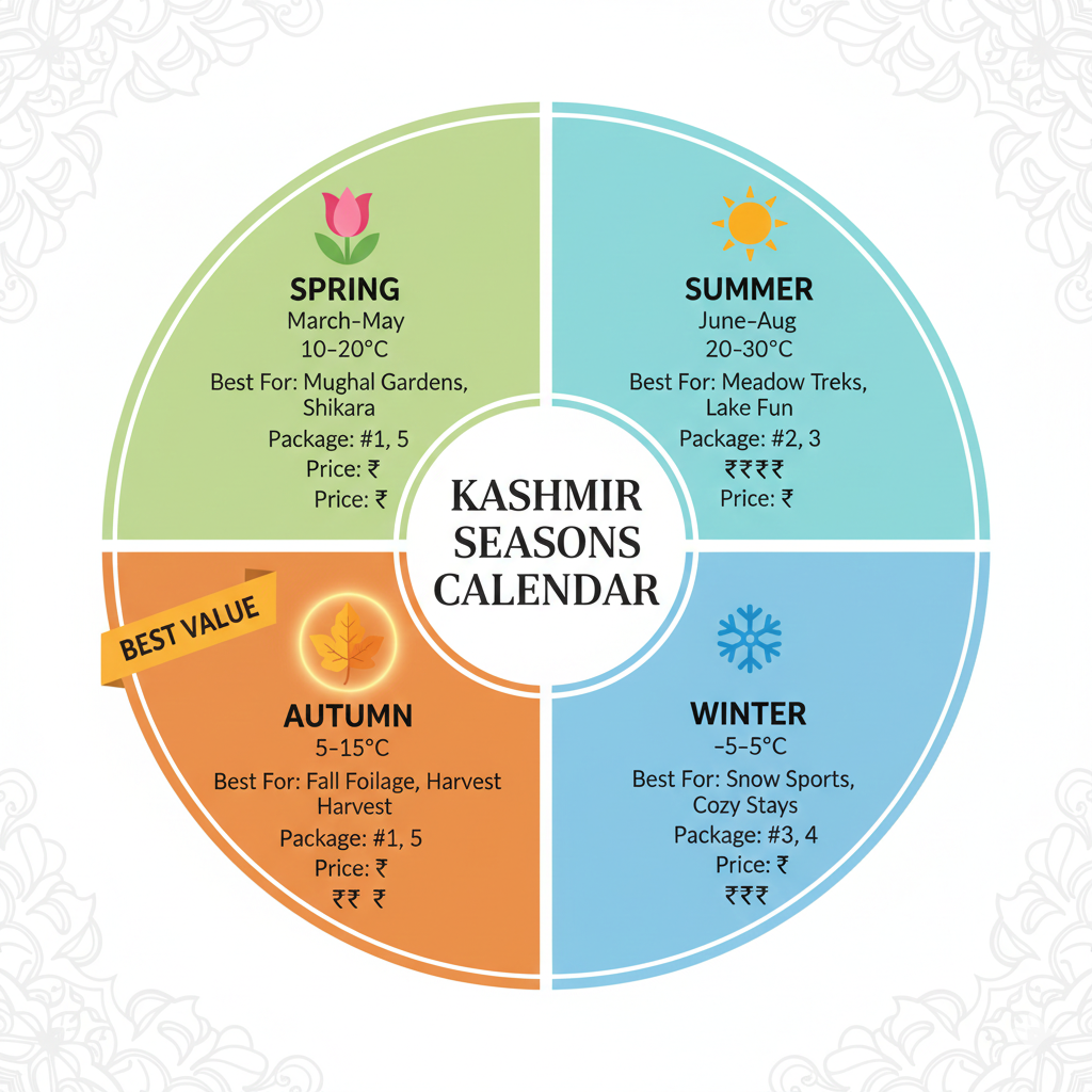 7 Best Trip to Kashmir Packages 2026 | All-Inclusive Deals 13 Kashmir travel seasons calendar infographic - best time to visit for weather and optimal trip package selection