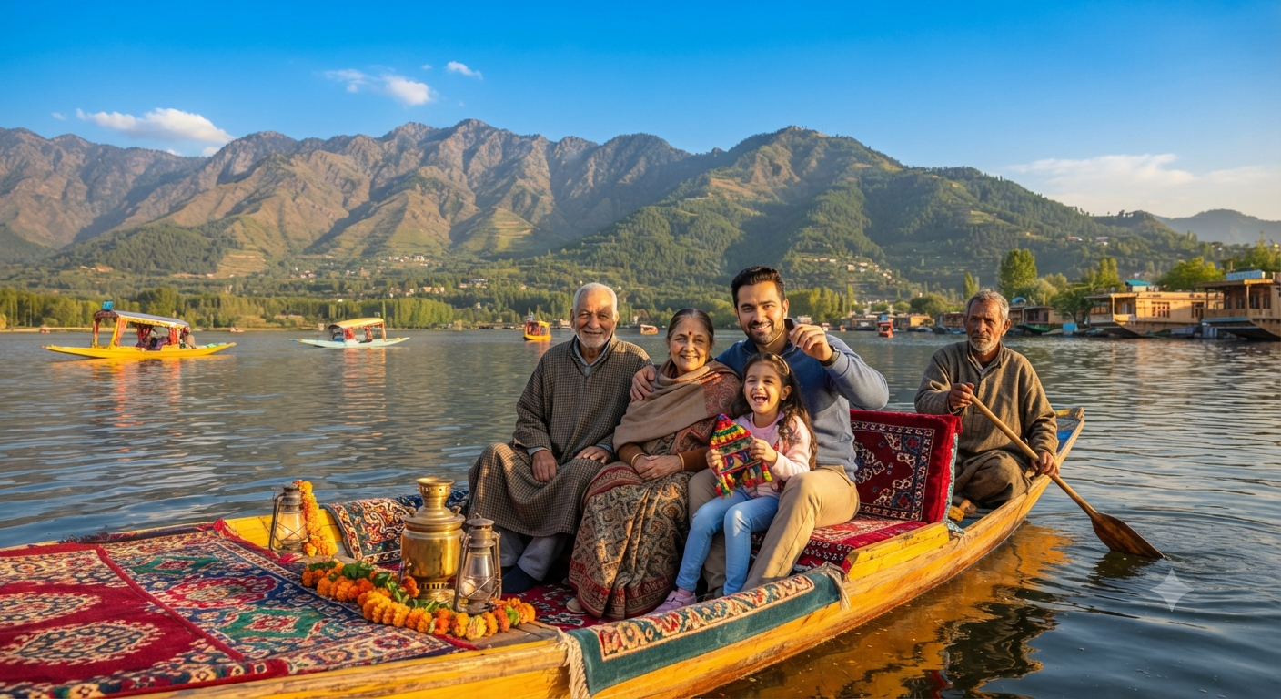 Kashmir trip cost breakdown - family shikara ride on Dal Lake with mountain views