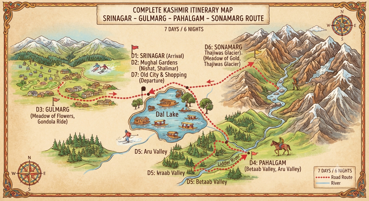 Kashmir trip cost itinerary map for 6-day tour with route and price breakdown