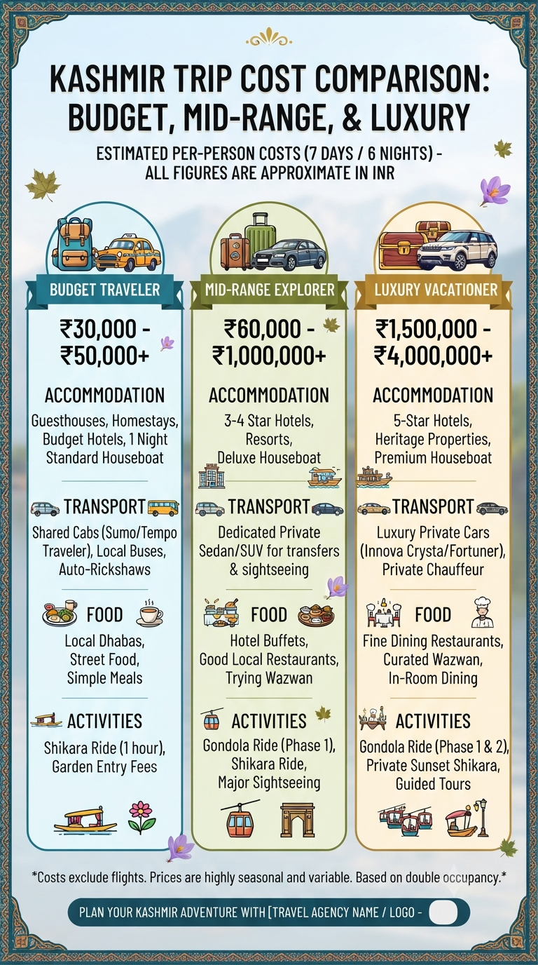 Kashmir trip cost per person 2026 comparison chart budget to luxury breakdown