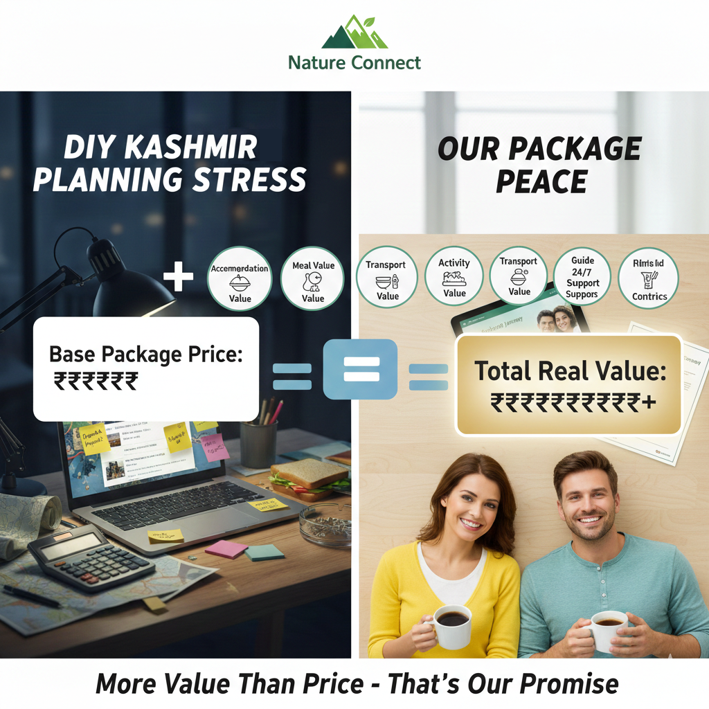7 Best Trip to Kashmir Packages 2026 | All-Inclusive Deals 14 Kashmir trip package value calculator infographic - showing real value exceeds package price Best value guarantee