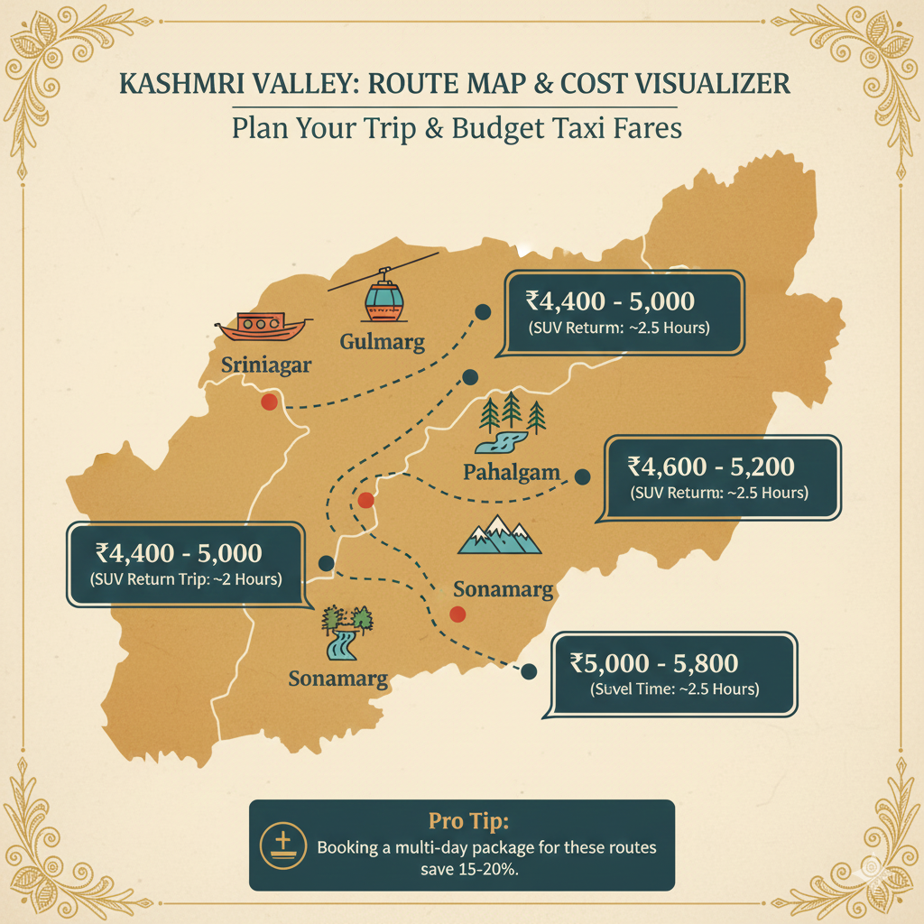 Kashmir valley taxi route map with travel times and 2026 fare estimates for popular destinations