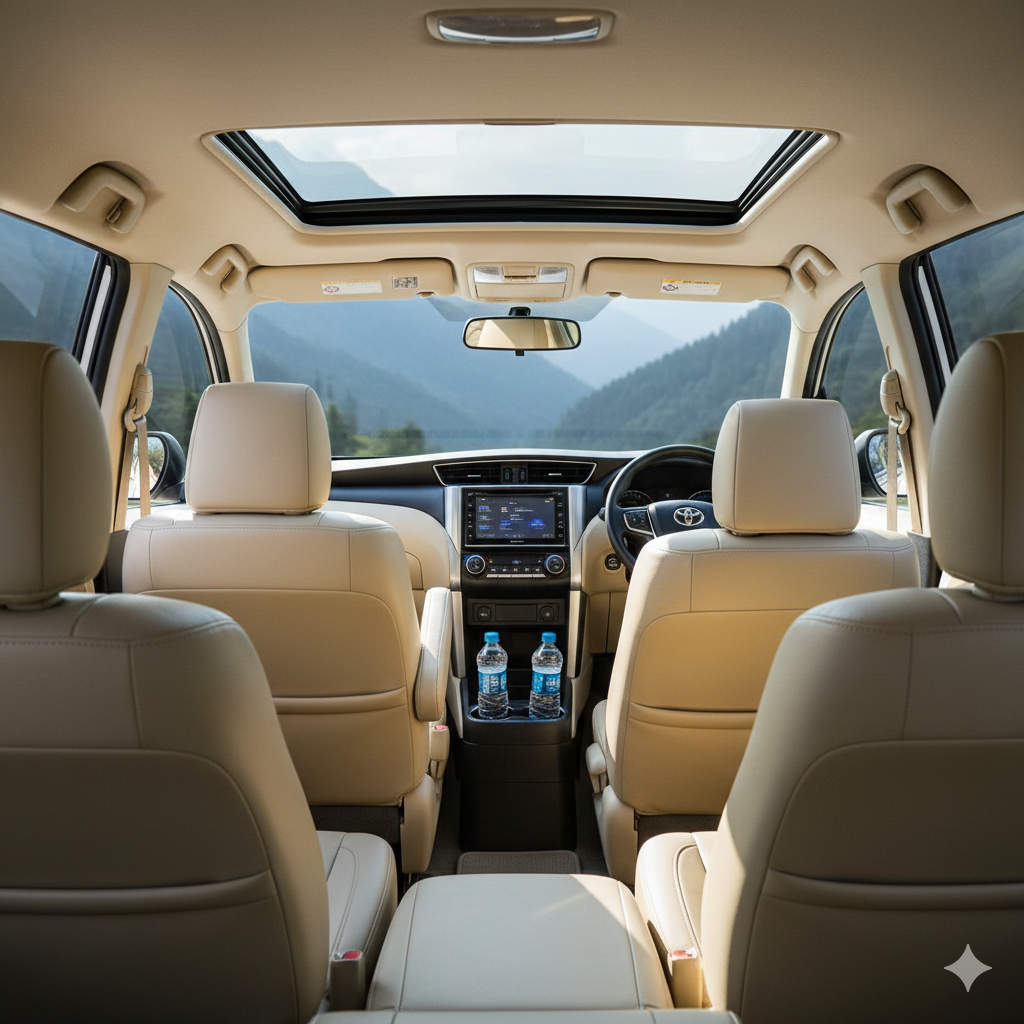 Luxurious and spacious interior of an Innova Crysta cab service in Kashmir, perfect for comfortable family and group travel on long mountain journeys