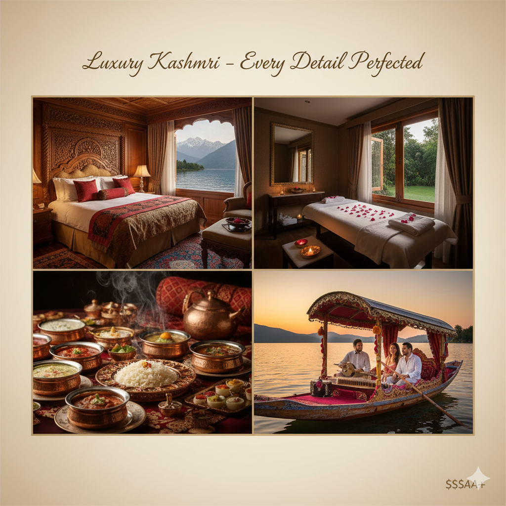 7 Best Trip to Kashmir Packages 2026 | All-Inclusive Deals 11 Luxury Kashmir trip package inclusions - premium houseboat, gourmet dining, spa experiences, private Shikara Nature Connect Travels
