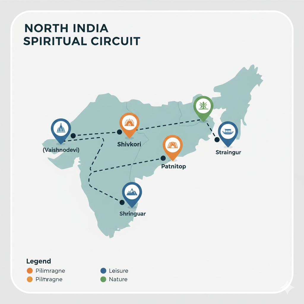 Vaishnodevi Yatra Package 2026: Avoid These 3 Deadly Scams 12 Map of spiritual destinations in Jammu & Kashmir - combine Vaishnodevi yatra with Shivkhori and Kashmir valley tours