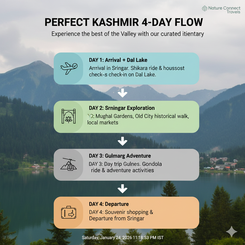 Perfect Kashmir 3 Nights 4 Days Itinerary 2026 | Srinagar-Gulmarg Guide 8 Optimal flow for Kashmir 3 nights 4 days itinerary showing efficient Srinagar-Gulmarg route planning
