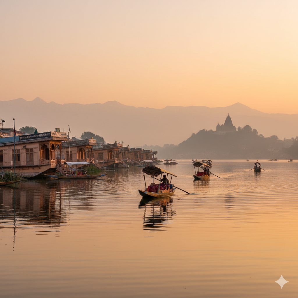 Panoramic view of Dal Lake with houseboats at sunrise, with Shankaracharya Temple in background