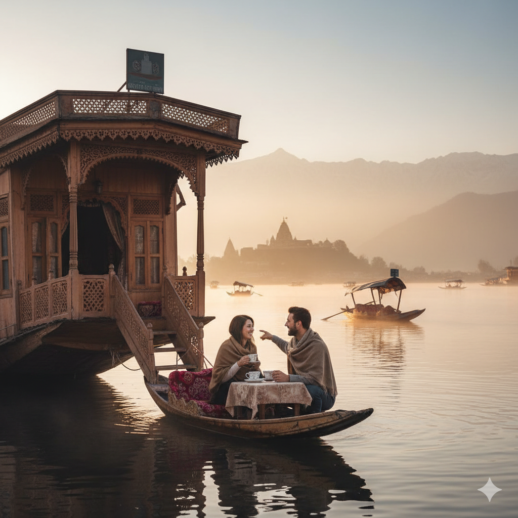 Perfect Kashmir 3 Nights 4 Days Itinerary 2026 | Srinagar-Gulmarg Guide 7 Perfect start to your Kashmir 3 nights 4 days itinerary - sunrise houseboat experience on Dal Lake Srinagar