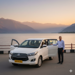 Professional taxi service in Srinagar Kashmir with scenic Dal Lake and mountain backdrop - Nature Connect Travels