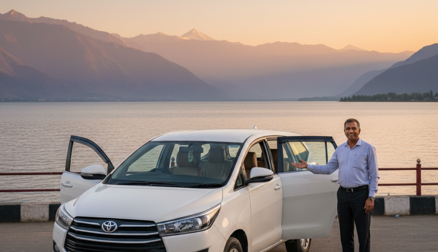 Professional taxi service in Srinagar Kashmir with scenic Dal Lake and mountain backdrop - Nature Connect Travels