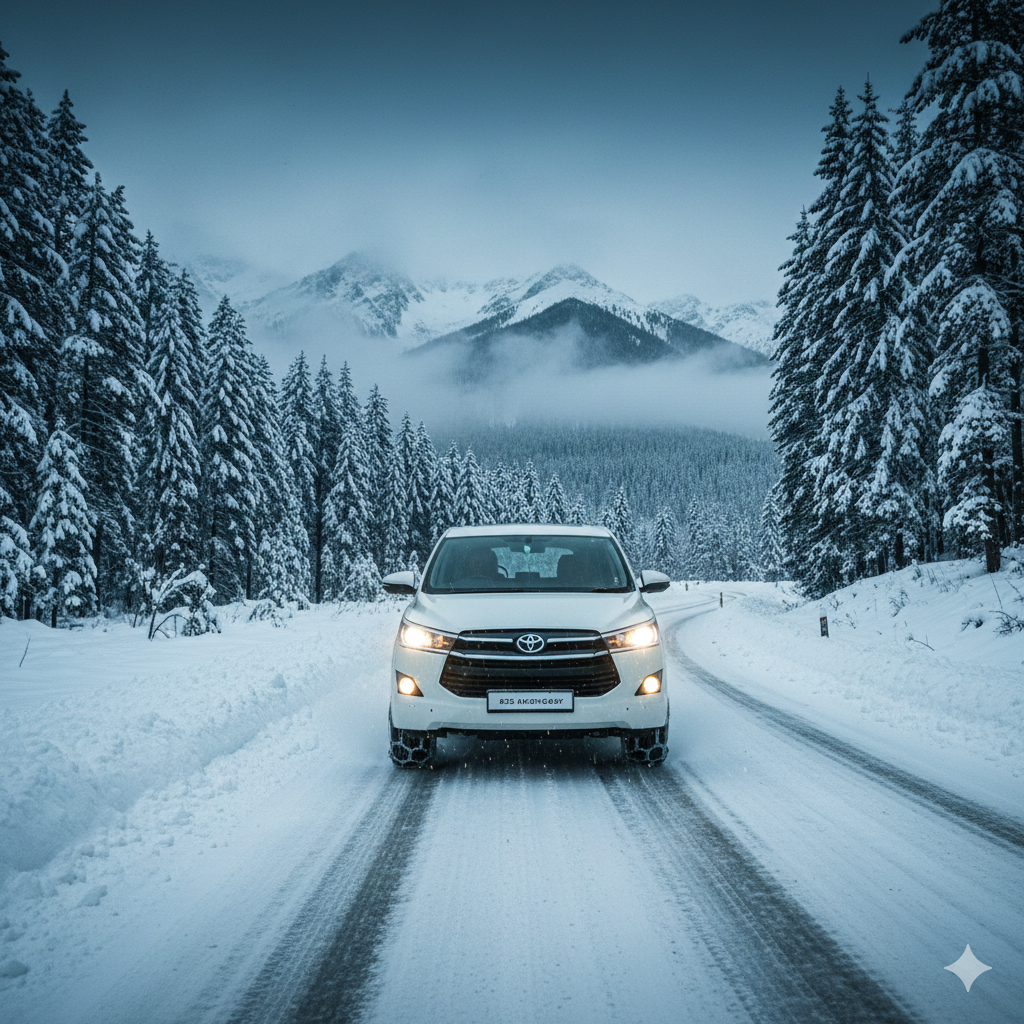 Safe and capable Innova Crysta cab service in Kashmir for winter travel, equipped for snowy roads to destinations like Gulmarg