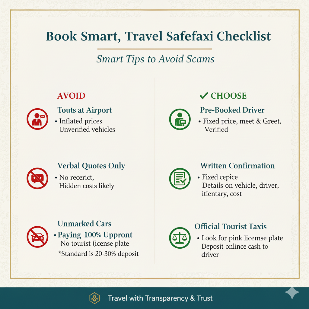 Safety infographic showing what to avoid and what to choose when booking a taxi in Kashmir to prevent scams
