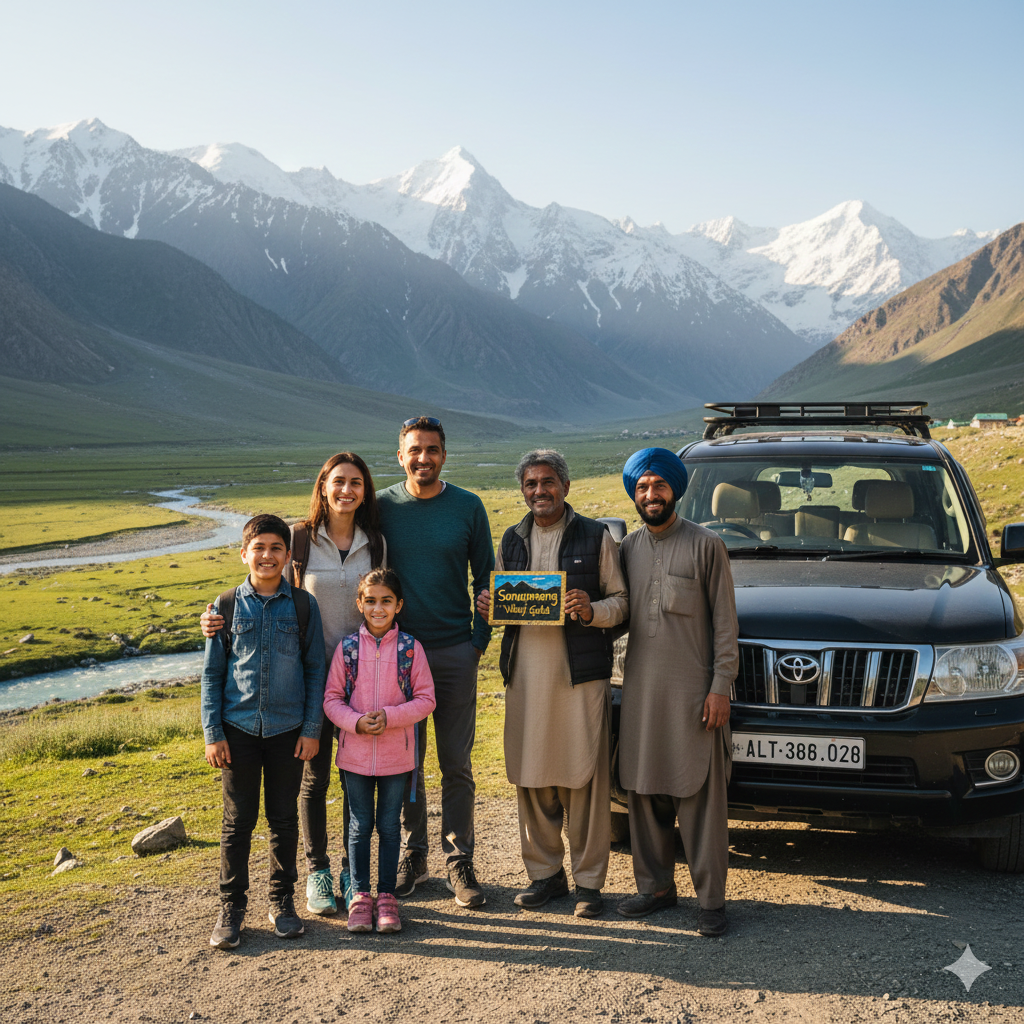 Book Now: Best Travel Agency in Kashmir 2026 (Guaranteed) 12 Satisfied family on a tour with the best travel agency in Kashmir for family tours, enjoying a scenic stop