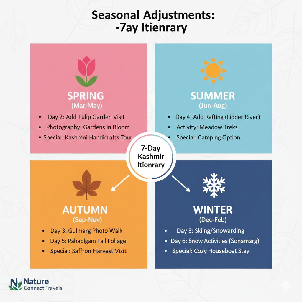 Seasonal adaptations for 7-day Kashmir itinerary - how to modify based on spring, summer, autumn, or winter travel