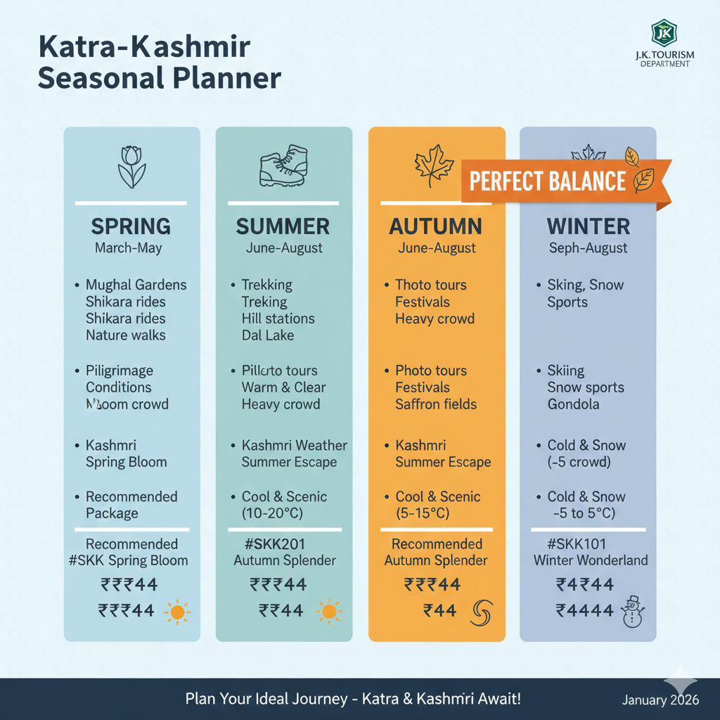Seasonal planner for Katra to Kashmir packages showing best times for pilgrimage and tourism combinations