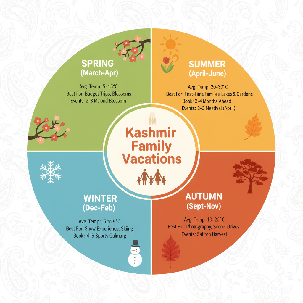 Seasonal planning calendar infographic for Kashmir family vacations showing best times to visit