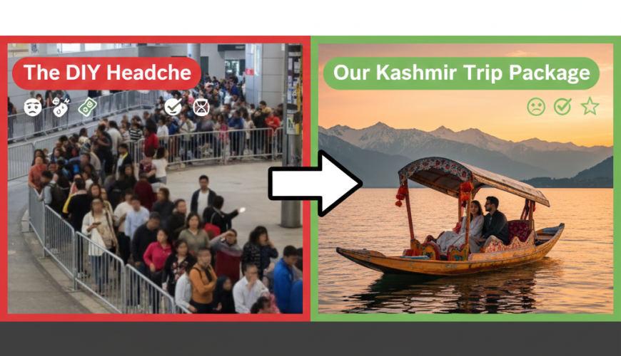 Split-screen-infographic-Compare-the-stress-of-DIY-Kashmir-travel-planning-vs-the-serenity-of-an-all-inclusive-Kashmir-trip-package-with-Nature-Connect-Travels