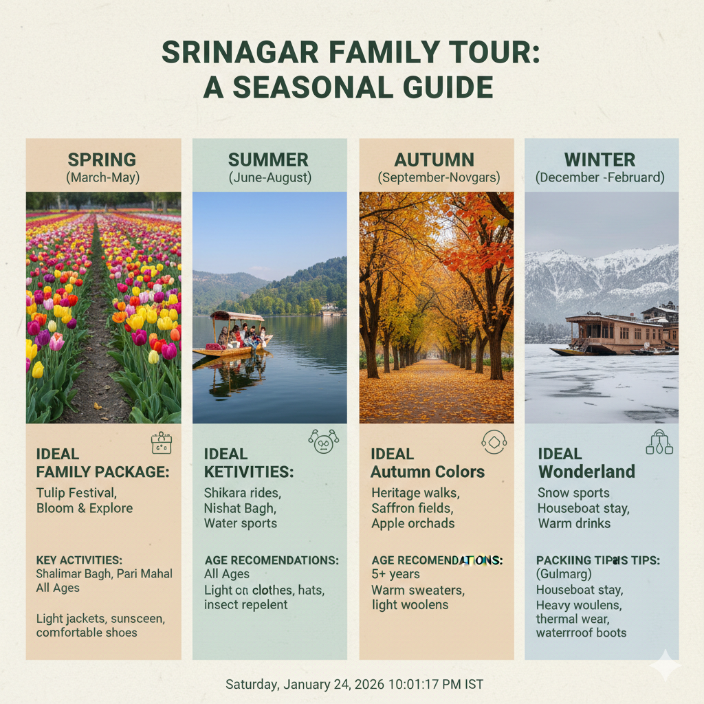 7 Best Srinagar Family Tour Packages 2026 | Safe & Fun Kashmir Vacations 9 Srinagar seasonal guide for family tour packages showing best times to visit Kashmir with children and recommended activities each season
