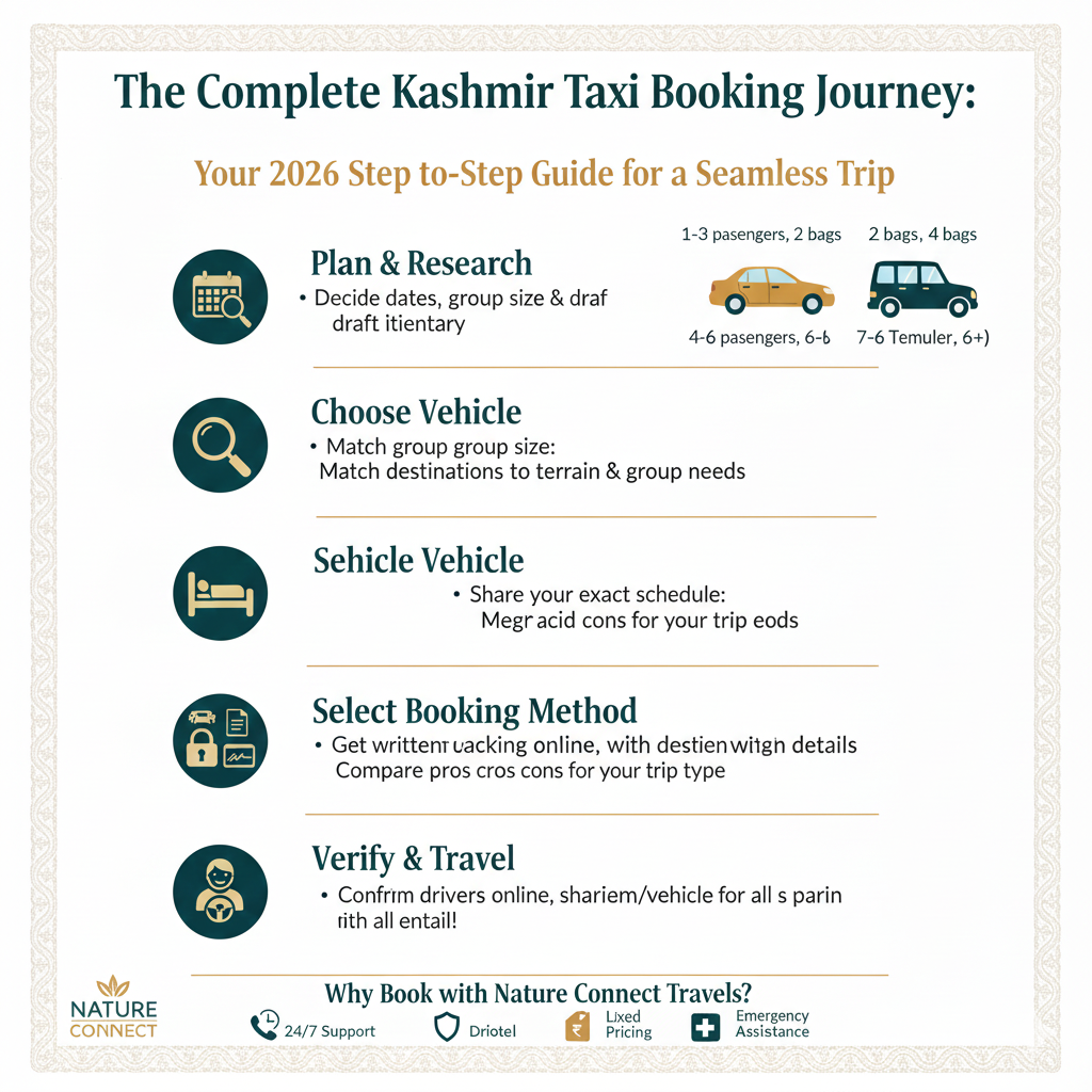 Step-by-step infographic guide on how to safely book a taxi in Kashmir for your 2026 trip.