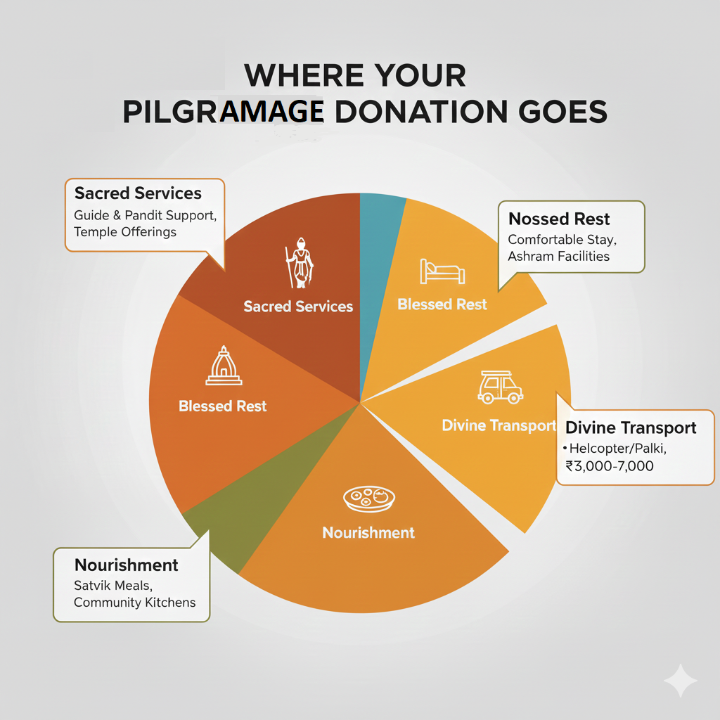 Vaishnodevi Yatra Package 2026: Avoid These 3 Deadly Scams 9 Transparent cost breakdown of a Vaishnodevi yatra package showing allocation for spiritual services, stay, meals, and transport