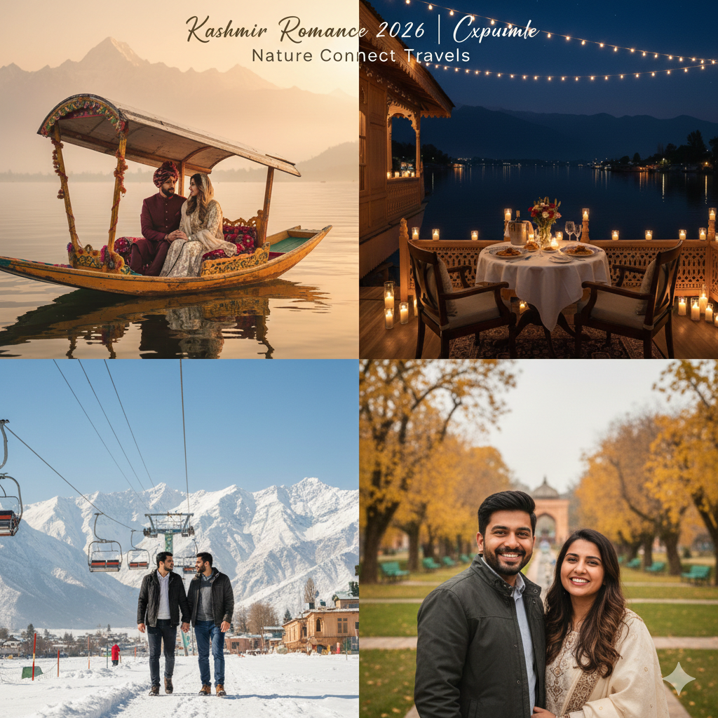 Ultimate Kashmir couple experience montage - shikara rides, houseboat dinners, Gulmarg adventures & garden romance in one perfect package