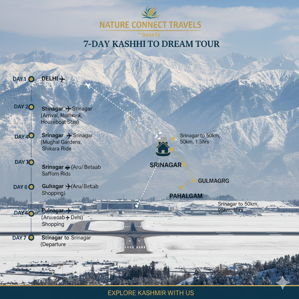 Best Delhi to Srinagar Tour Package 2026 | All-Inclusive Deals 13 Visual itinerary map showing 7-day Delhi-Srinagar-Gulmarg-Pahalgam route
