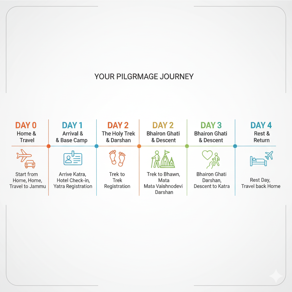 Vaishnodevi Yatra Package 2026: Avoid These 3 Deadly Scams 11 Visual timeline for a perfect 3-day Vaishnodevi yatra package from arrival to departure