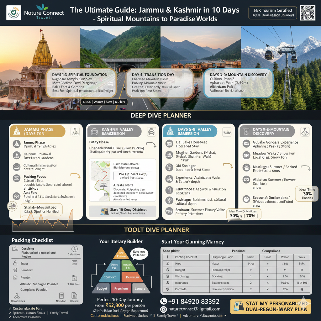 Complete visual guide to Jammu and Kashmir itinerary showing four journey phases: Jammu temples, scenic highway, Srinagar Dal Lake, and Gulmarg mountains in one panoramic composite