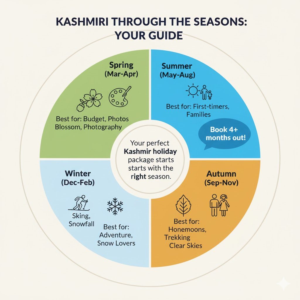 Kashmir Trip Package 2026: Don't Book Until You Read This Guide 10 Color-coded seasonal guide wheel for Kashmir tourism showing best activities and traveler types for Spring, Summer, Autumn, and Winter to plan your trip package