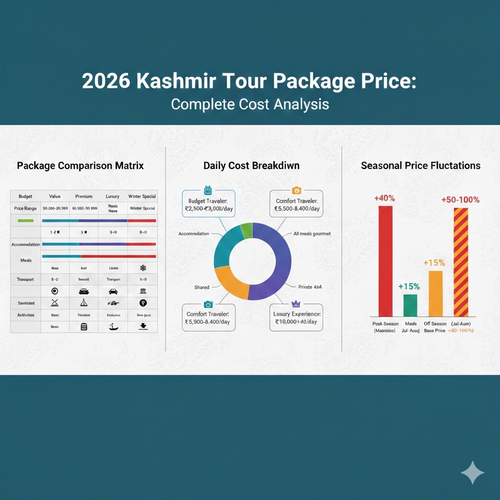 Detailed Kashmir tour package price analysis 2026 - cost breakdown, seasonal variations, and package comparison infographic