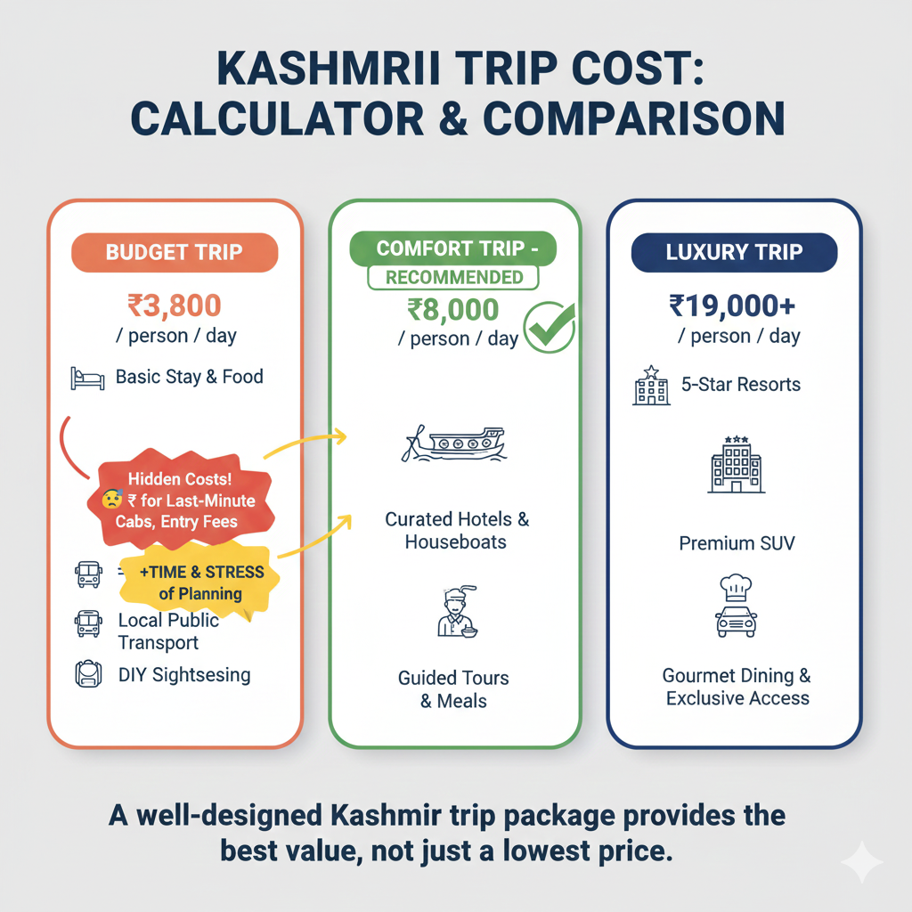 Kashmir Trip Package 2026: Don't Book Until You Read This Guide 9 Interactive cost calculator graphic comparing budget, comfort, and luxury Kashmir trip packages, revealing hidden fees and showcasing true value