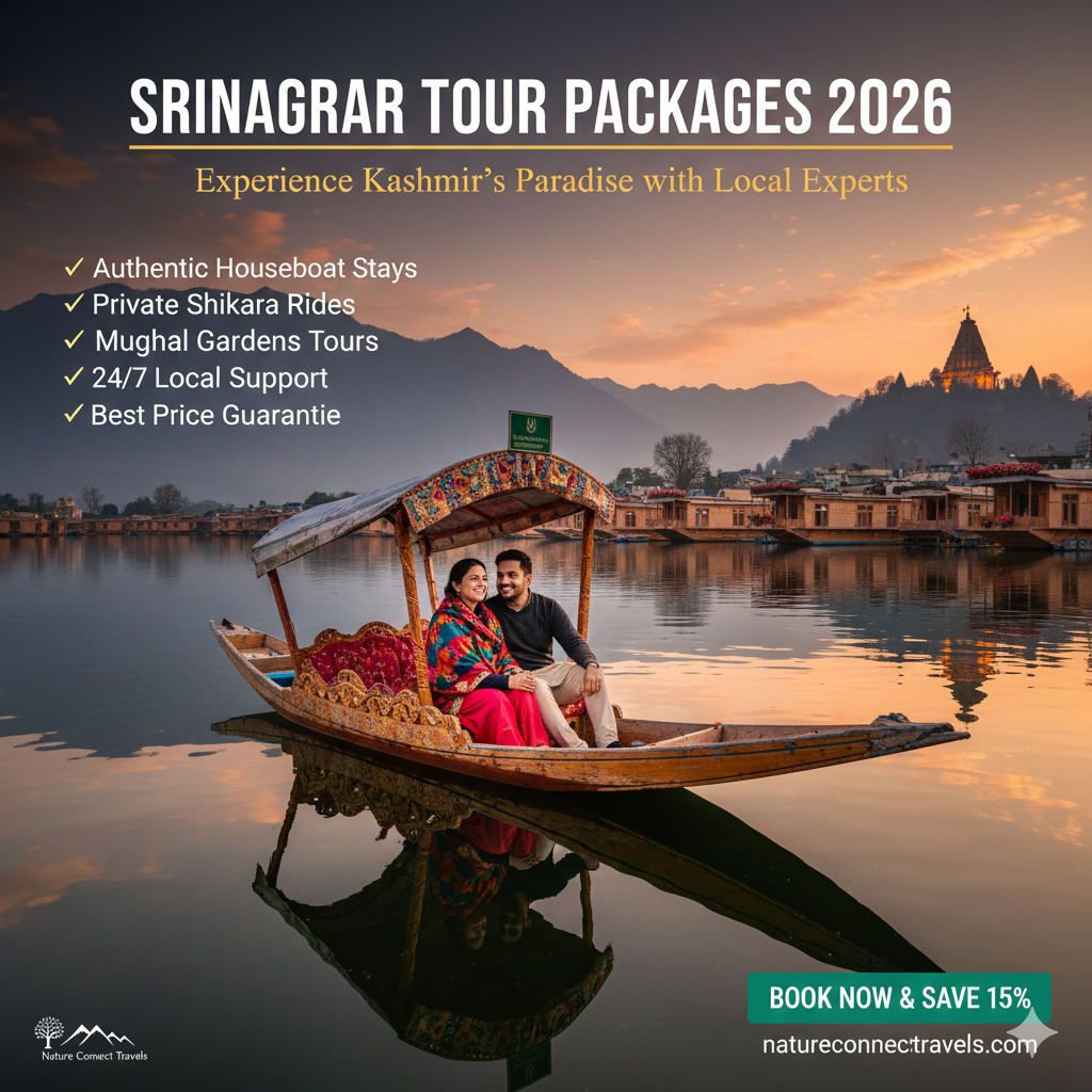 Beautiful sunset view of Dal Lake in Srinagar with shikara boats and houseboats - Perfect for Srinagar tour packages with Nature Connect Travels