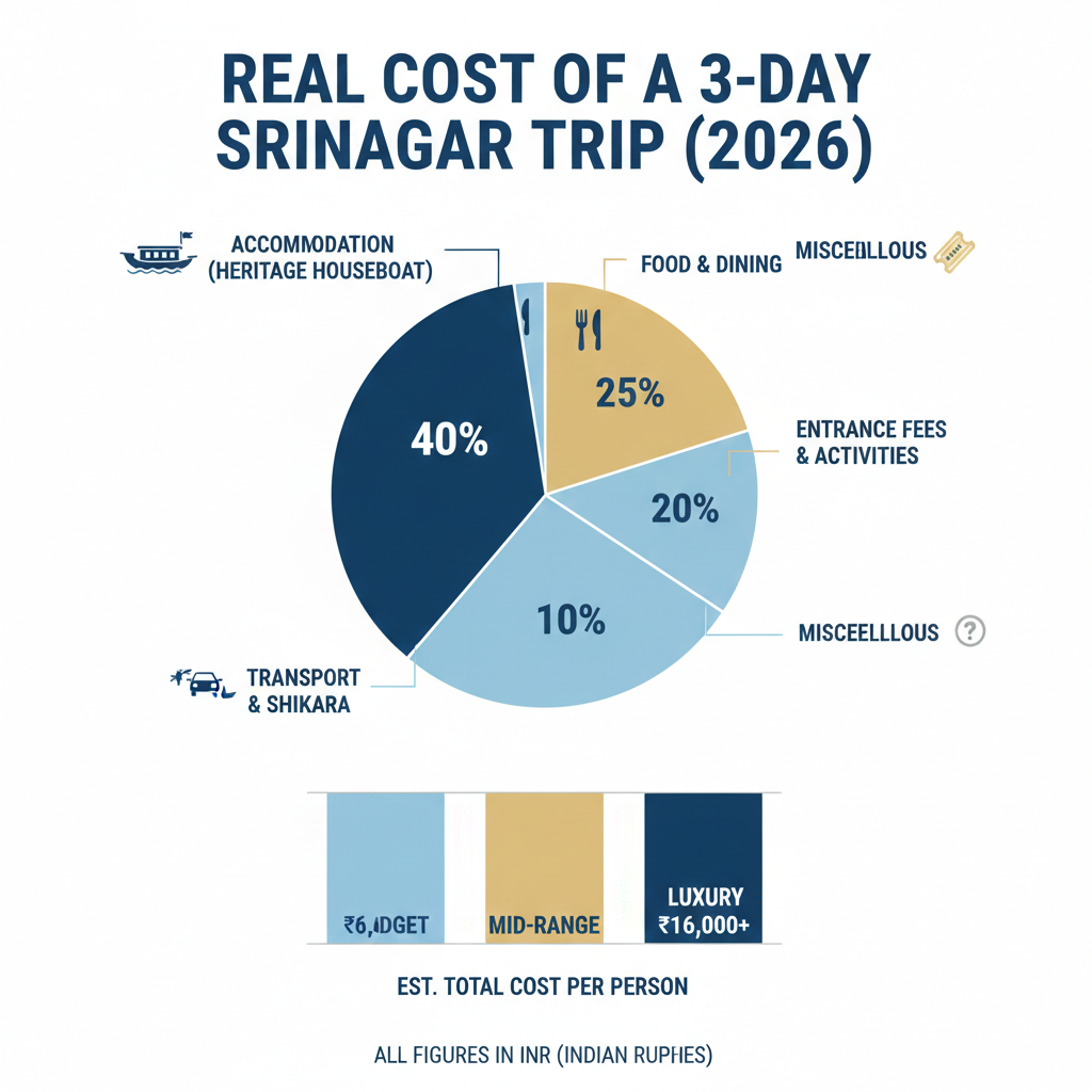 Transparent 2026 cost breakdown infographic for planning a 3-day Srinagar trip budget