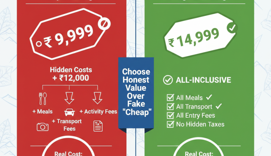 Infographic comparing deceptive cheap Srinagar tour packages with hidden costs vs. honest all-inclusive budget packages
