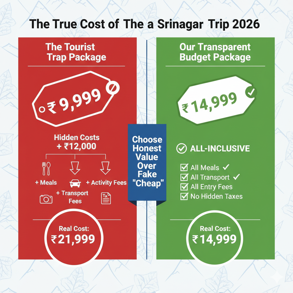 Infographic comparing deceptive cheap Srinagar tour packages with hidden costs vs. honest all-inclusive budget packages