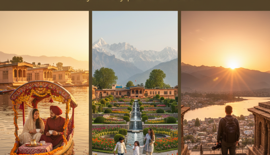 Ultimate visual guide to a perfect Srinagar trip plan featuring Dal Lake, Mughal Gardens, and panoramic city views