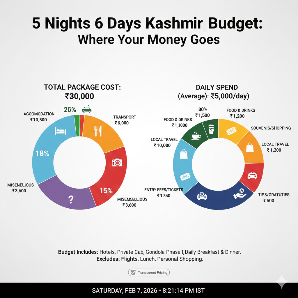 5 nights 6 days Kashmir itinerary cost breakdown 2026 showing budget, standard, and premium options comparison