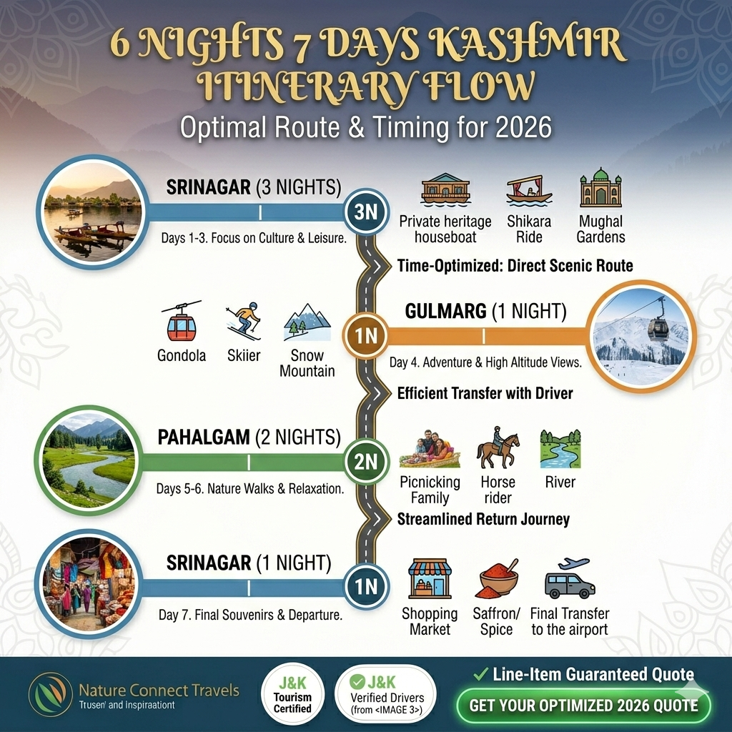 Perfect 6 Nights 7 Days Kashmir Itinerary 2026 | Day-by-Day Plan 8 6 nights 7 days Kashmir itinerary timeline showing Srinagar, Gulmarg, Pahalgam, Sonamarg with day-wise breakdown