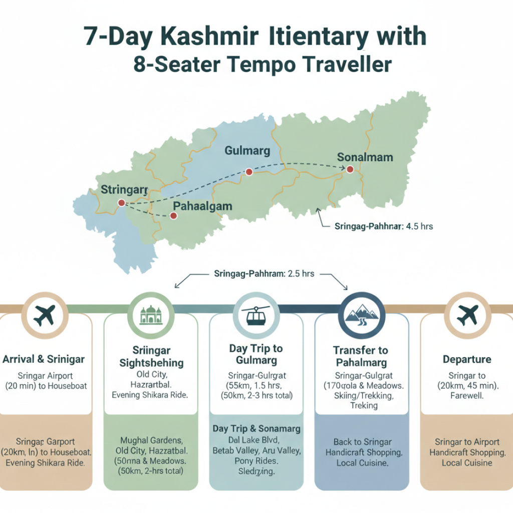Best 8 Seater Tempo Traveller in Kashmir 2026 | Rates & Booking 9 7-day Kashmir itinerary with 8 seater tempo traveller showing daily destinations, distances, and highlights from Srinagar to Gulmarg, Pahalgam, Sonamarg