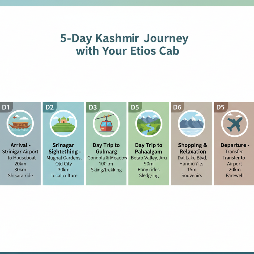 7-day Kashmir itinerary with Etios cab service showing daily destinations, driving distances, and highlights from Srinagar to Gulmarg, Pahalgam, Sonamarg