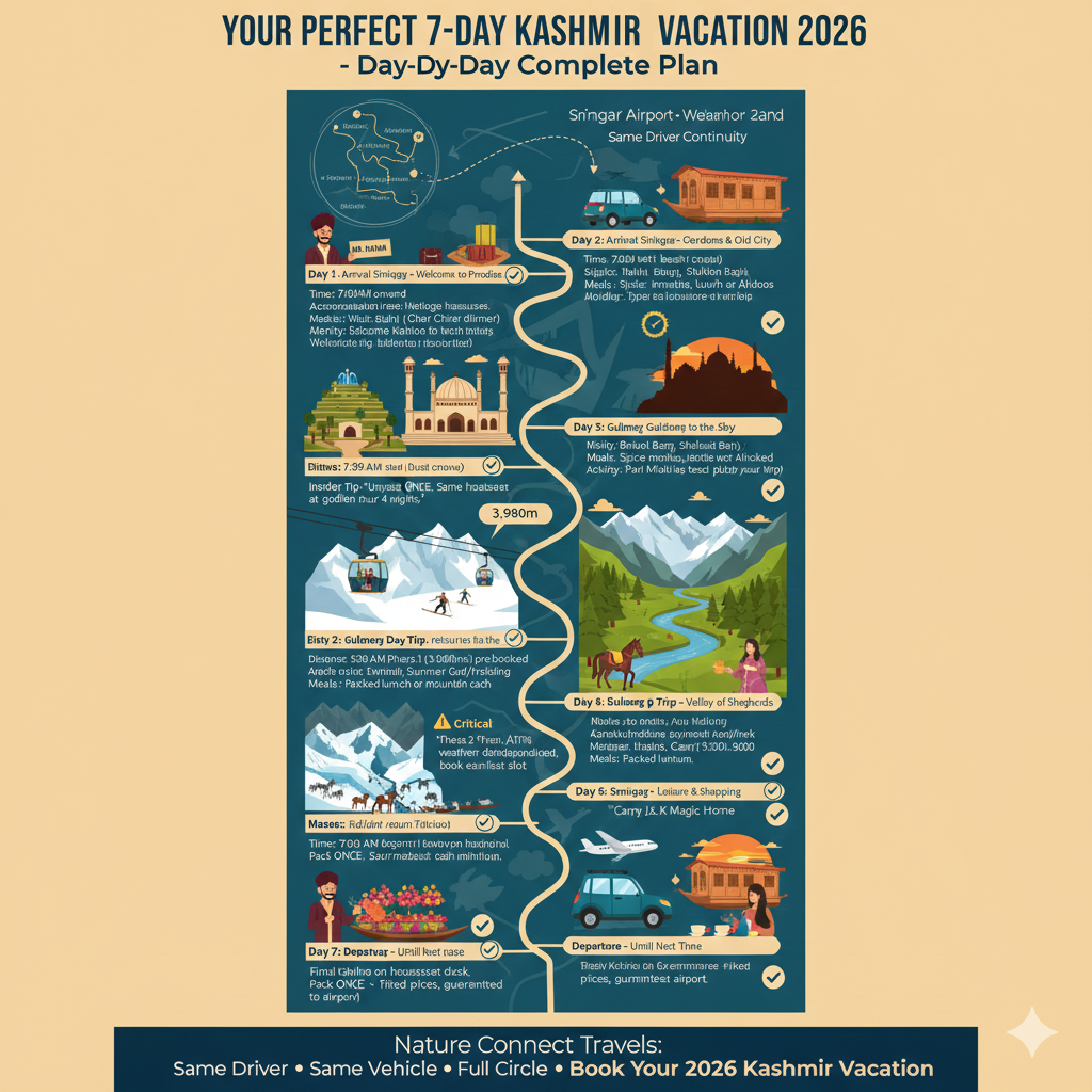 7-day Kashmir vacation itinerary 2026 - Day-by-day complete plan from Srinagar arrival to Gulmarg, Pahalgam, Sonamarg day trips and departure with same driver continuity