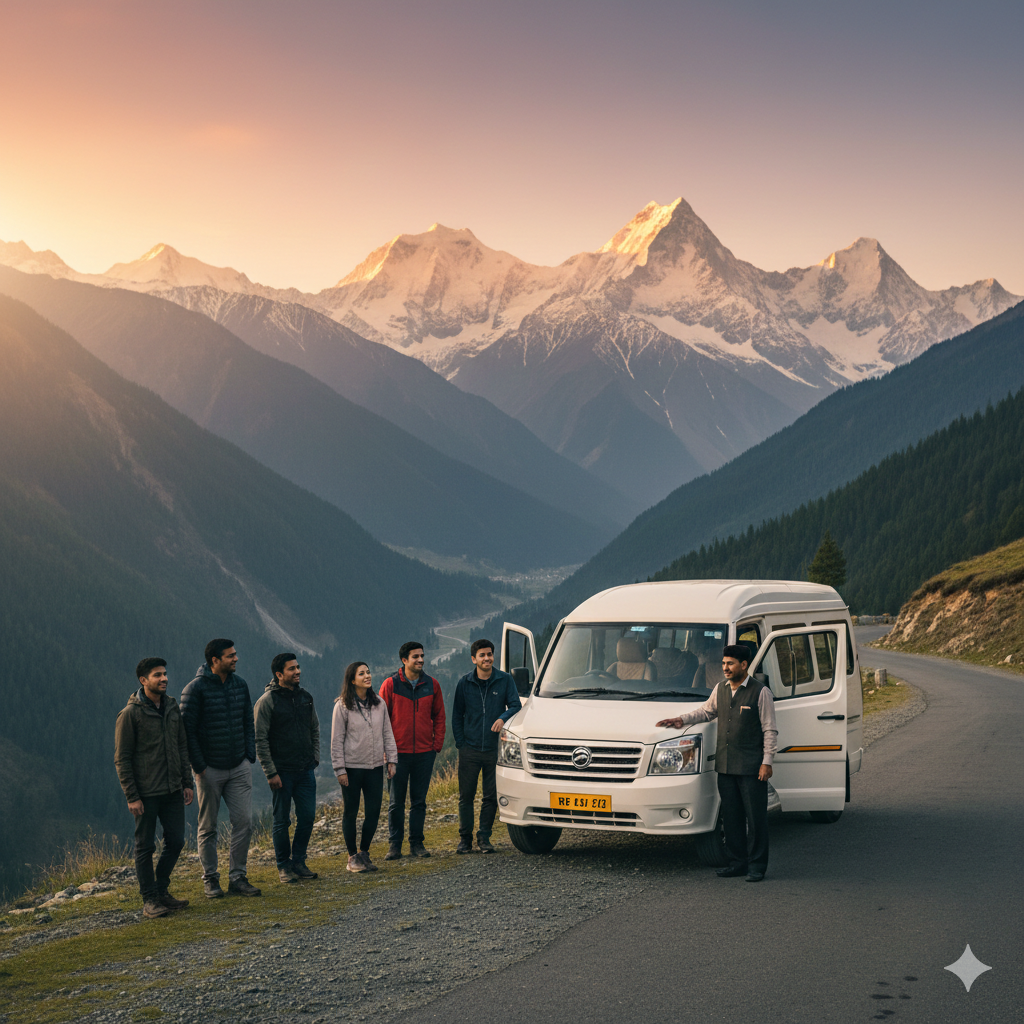 Best 8 Seater Tempo Traveller in Kashmir 2026 | Rates & Booking 8 8 seater tempo traveller in Kashmir 2026 featuring modern vehicle with group of travelers on mountain road